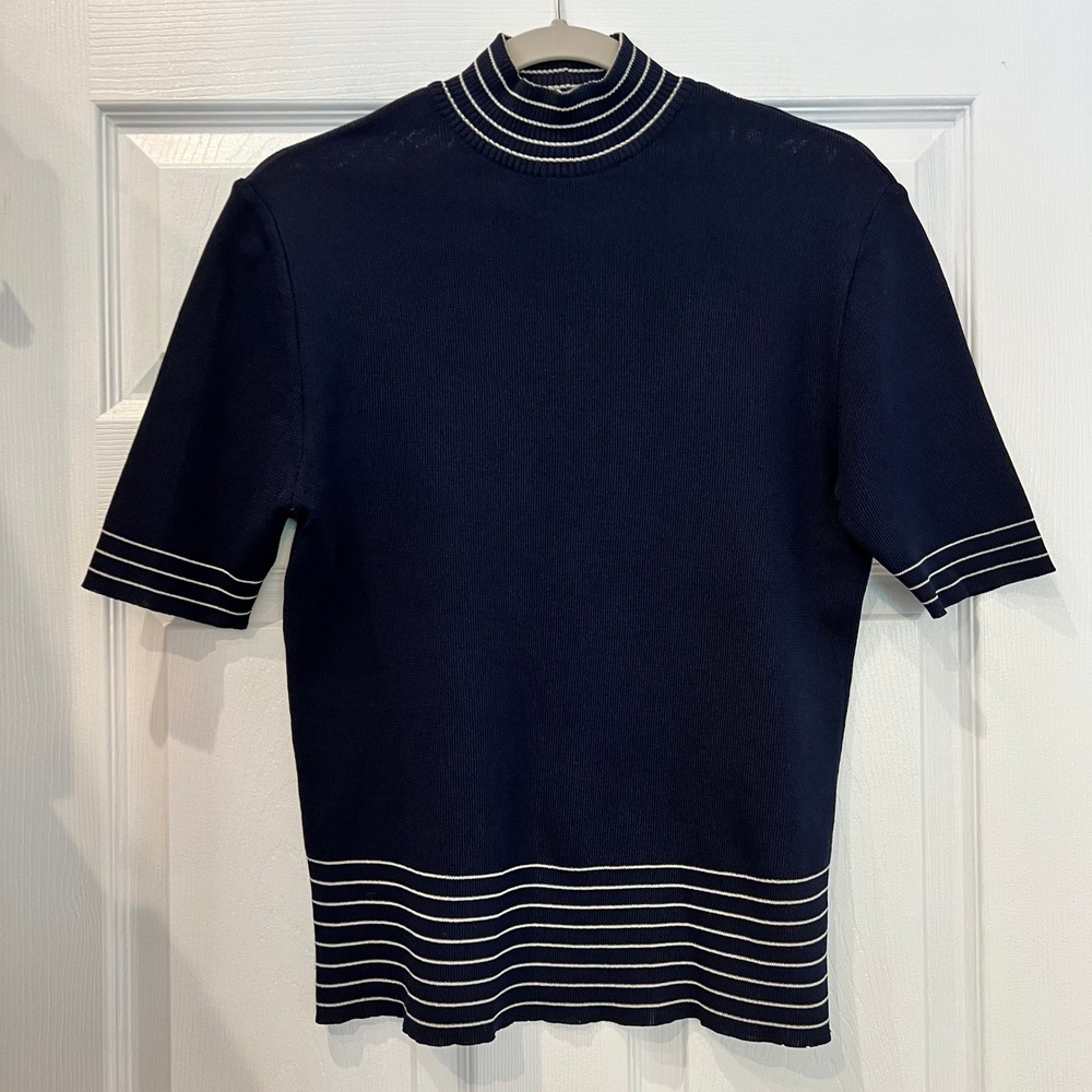 Damon Knit Top Navy Blue White Striped Mock Neck Short Sleeve Italy Vintage M